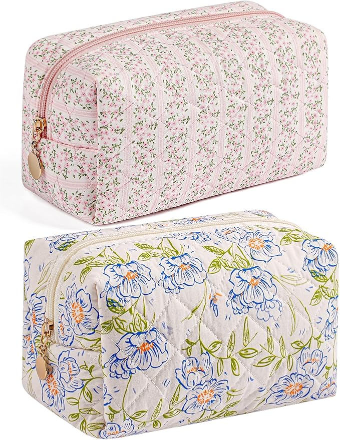 Makeup Bag Travel Cosmetic Bag for Women Girls, Zipper Make Up Pouch, Floral Flowers Toiletry Organizer Makeup, Portable Storage Bag, Cosmetic Travel Cloth Bag (Pink+Large Blue Flowers)
