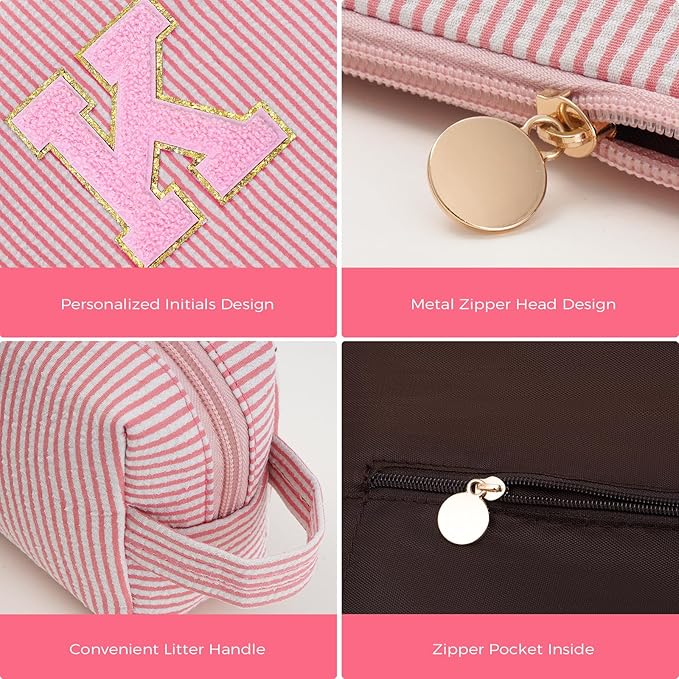 Monogrammed Gifts for Women - Cosmetic Bag for Teen,Initial Cute Makeup Bag Set for Women,Trendy Pouch for Niece Sister Friend Female Her,Birthday Gifts for Daughter - Peach,K