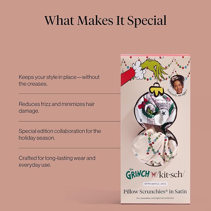 The Grinch x Kitsch Pillow Satin Scrunchies for Women - Hair Ties No Damage, No Crease Hair Accessories | For Day or Night Use | Ideal Gifts for Women - 2pcs