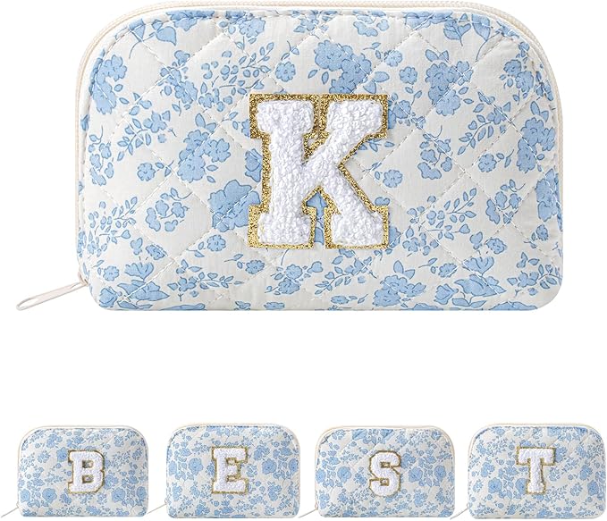 JOVAKIT Conch Alphabet Makeup Bag Cosmetic Bag for Women, Christmas Gifts for Women Girls, Blue Floral Coquette Travel Bag, Zipper Make Up Pouch Organizer Trendy Stuff (Blue Floral K)