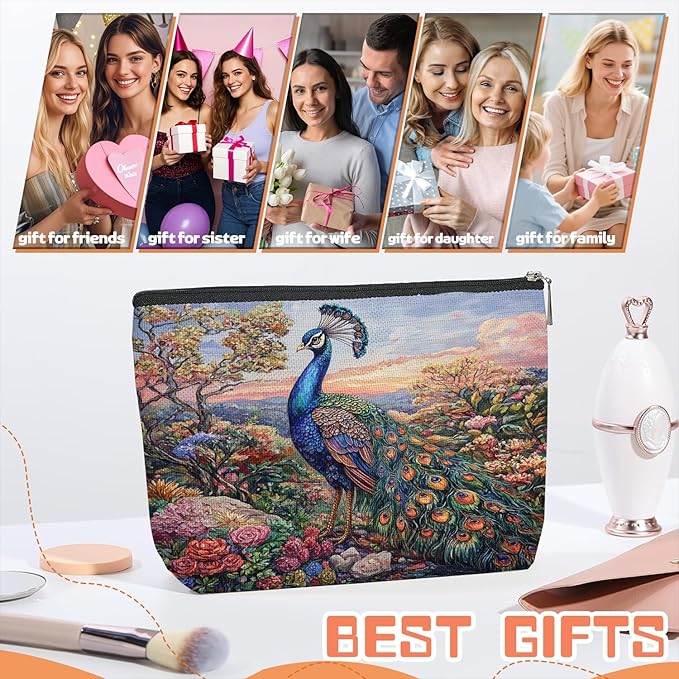 Makeup Bag Travel Cosmetic Bags Small Makeup Case Waterproof Zipper Pouch for Women Girls 7X9inches - Peacock in A Dusk - Filled Floral Landscape