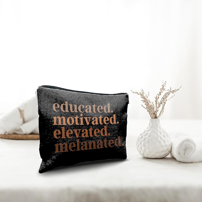 Nogrit African American Gifts,Black Women Gifts,Educated Motivated Elevated Melanated,Black Women Makeup Bag Cosmetic Bag, Melanin Makeup Travel Toiletry Bag,gifts for African American women/black