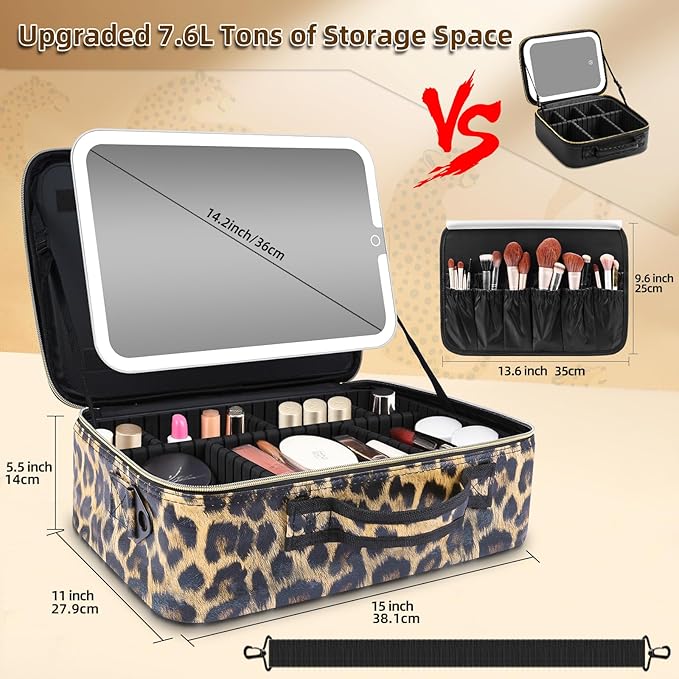 15''X11'' Makeup Bag with Removeable Lighted Mirror, Travel Makeup Case with 3 Color Lights Dimmable Brightness, Large Capacity Cosmetic Organizer Case with Detachable Dividers & Shoulder Strap