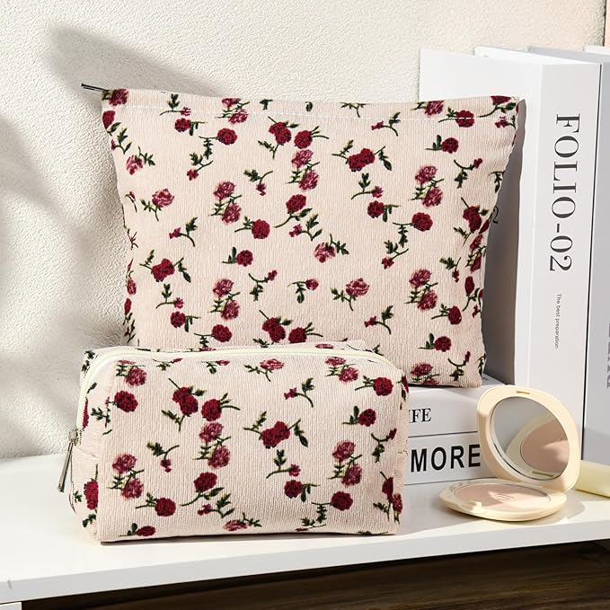 SOIDRAM 2 Pieces Rose Makeup Bag Large Corduroy Cosmetic Bag Capacity Canvas Mix Travel Toiletry Bag Organizer Cute Makeup Brushes Aesthetic Accessories Storage Bag for Women, Rose Mix White