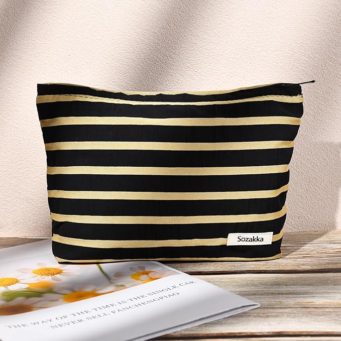 SOIDRAM 2 Pieces Makeup Bag Large Stripe Cosmetic Bag Capacity Canvas Travel Toiletry Bag Organizer Cute Makeup Brushes Aesthetic Accessories Storage Bag for Women, Stripe L Black White