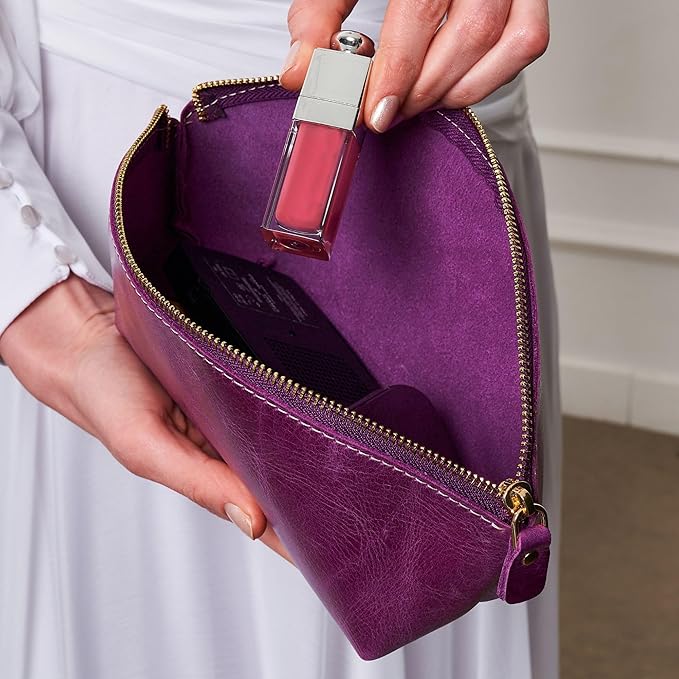 Luxury Personalized Leather Makeup Bags Crafted in USA, Full-Grain Leather Cosmetic Bag Engraved Name Initials or Logo, Birthday Anniversary Christmas or Mother Gift, Italian Zipper, Purse for Women