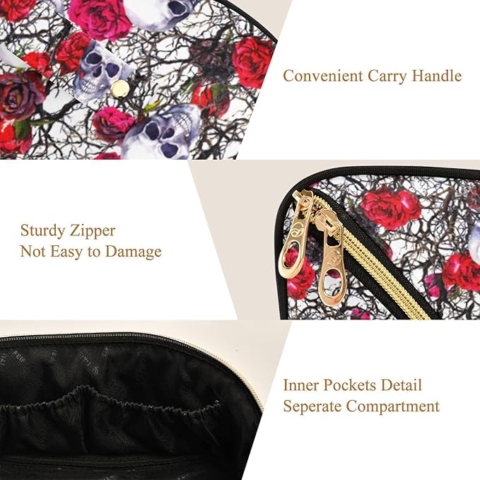 Makeup Organizer Bag, Skulls Rose Flowers Travel Makeup Bags Makeup Vanity Case Large Capacity Rhombus Cosmetic Toiletry Bag for Girl Women Ladies