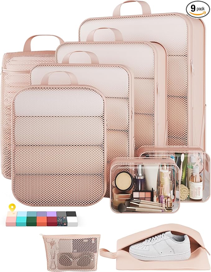 Veken 9/11 Set Compression Packing Cubes for Travel Essentials,Compressible Expandable Large Luggage Suitcase Organizer Bags for Clothing,Durable Space Saver Storage Bags with Toiletry Bags(Beige)