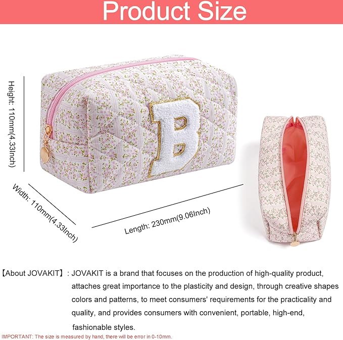 JOVAKIT Makeup Bag Cosmetic Bags for Women, Christmas Gifts for Girls Age 6-18, Alphabet Pink Floral Coquette Zipper Travel Makeup Pouch, Organizer Case Trendy Stuff (Pink+ Blue B)