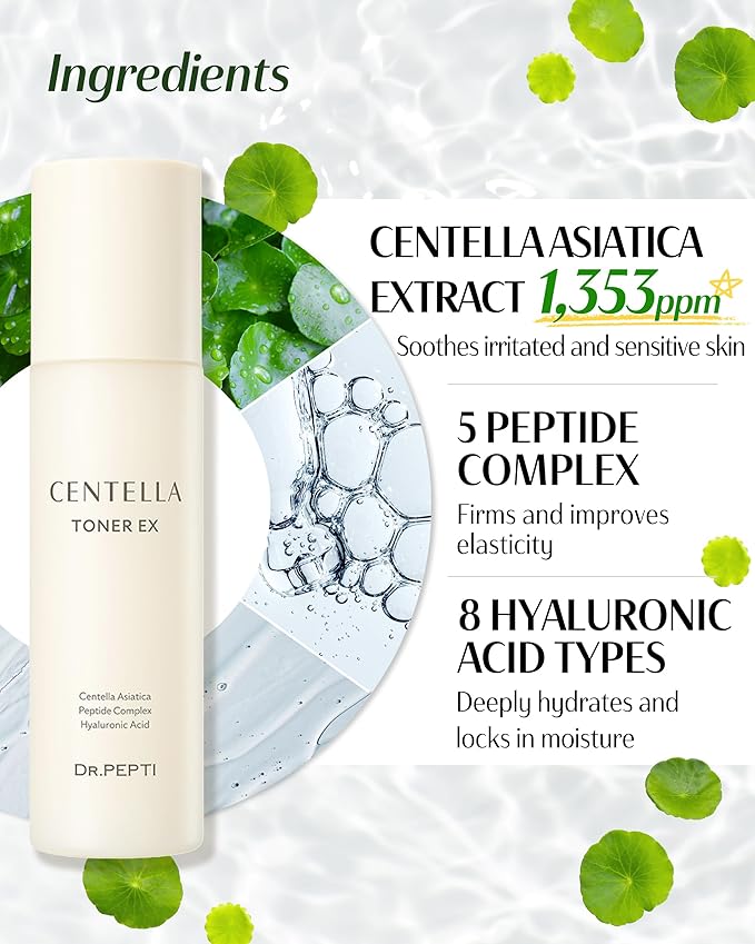 DR.PEPTI Centella Toner EX - Korean Face Toner with Hyaluronic Acid Peptides Niacinamide - Soothing Moisturizing for Dry Sensitive Skin - Milky Serum Formula, 6.09 fl.oz.