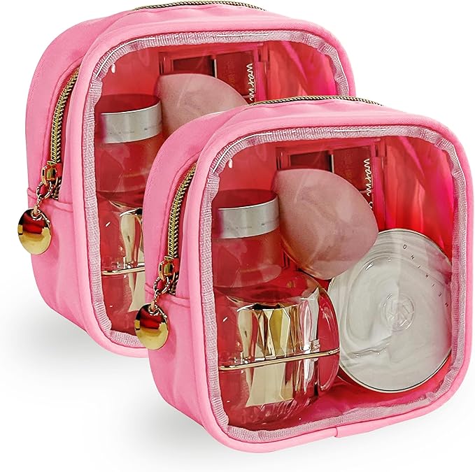 2PCS Pink clear Cosmetic Pouch Travel Cosmetic Case 5x5x2 inch Small Transparent Toiletry Pouch with Zipper Portabble Makeup Organizer for Women and Essentials