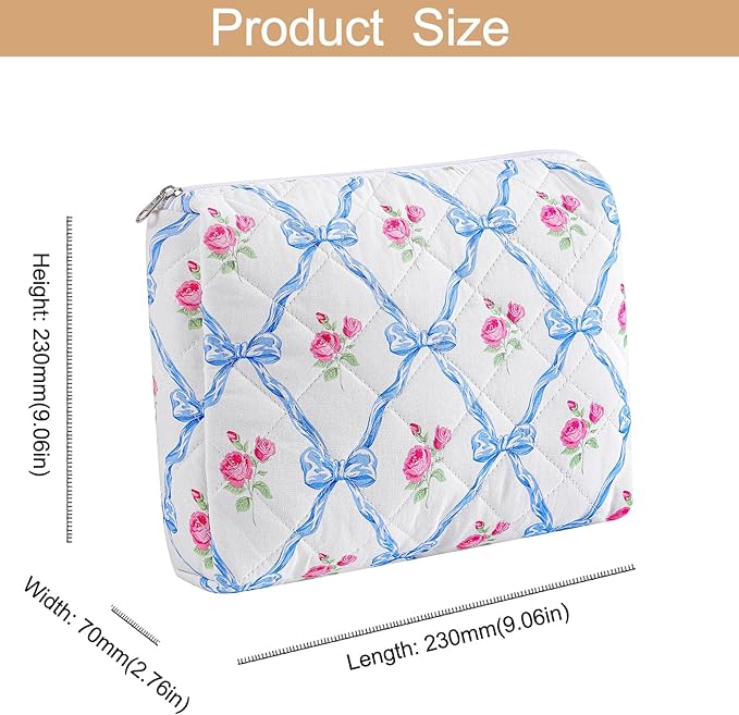 Makeup Bag Travel Cosmetic Bag for Women Girls, Zipper Make Up Pouch, Floral Flowers Toiletry Organizer Makeup, Portable Storage Bag, Cosmetic Travel Cloth Bag (2 Pack (L+S)/Blue Bowknot)