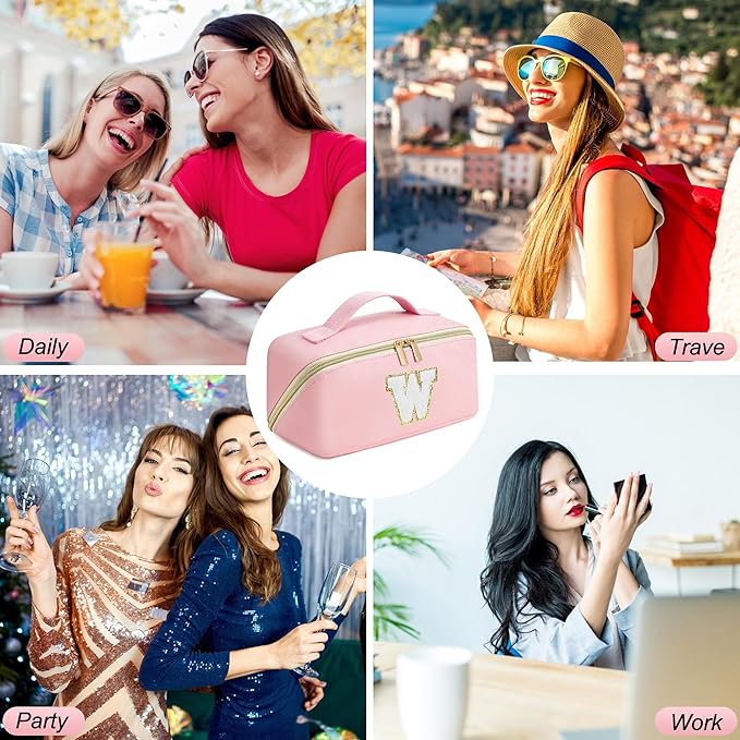 for Christmas Day Gifts, Makeup Bag for Women, PU Leather Travel Toiletry Bags, Initial Make Up Cosmetic Pouch for Teen Girls, Wide Open Portable Skincare Bag, Personalized Birthday Gifts, Pink K