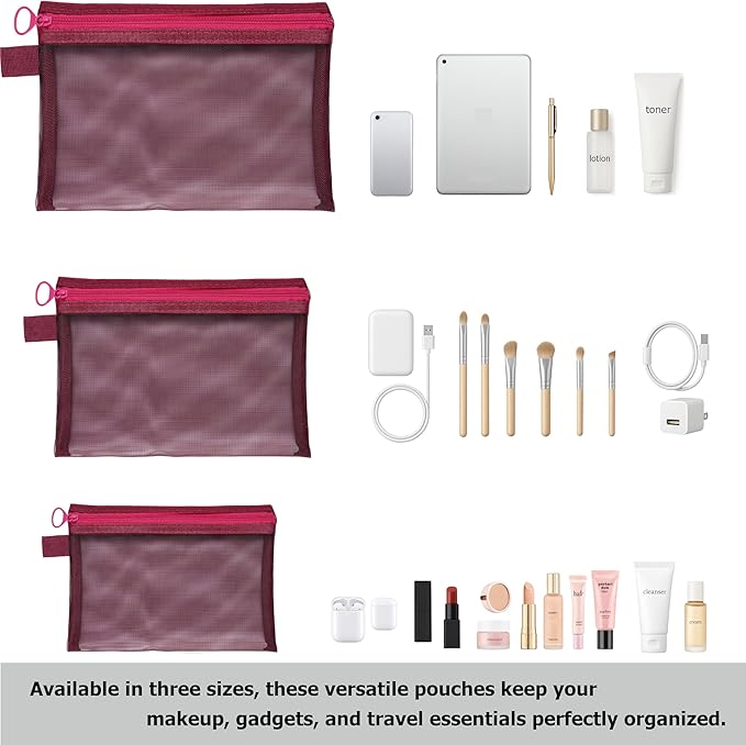 Quotidian Flat Clear Mesh Pencil Pouch Red Makeup Bag with Zipper Handbag Organizer 3-Size Pack of 9 - Tech Accessories Personal Care Road Trip