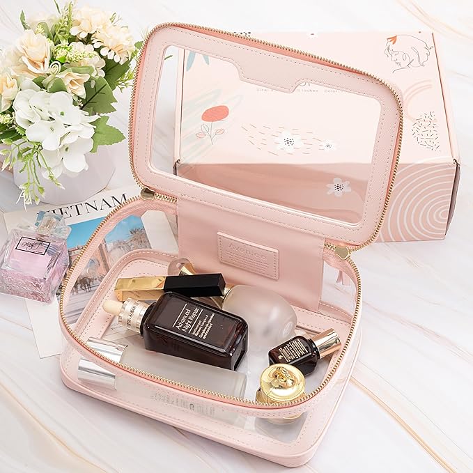 Aveniee Clear Makeup Bag, Travel Toiletry Bag for Women, Large Make up Case Cosmetic Bag with Dual Zipper, Transparent Car Organization Makeup Organizer Pouch for toiletries (Pink)