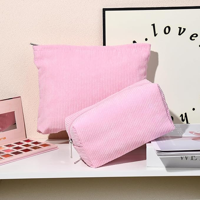 SOIDRAM 2 Pieces Makeup Bag Large Corduroy Cosmetic Bag Capacity Canvas Mix Travel Toiletry Bag Organizer Cute Makeup Brushes Aesthetic Accessories Storage Bag for Women,Corduroy Mix Hot Pink