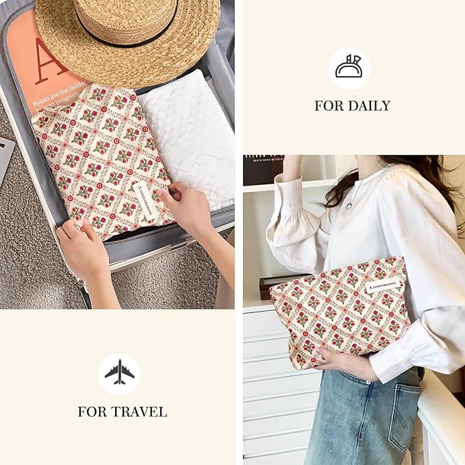 STARDW Aesthetic Floral Makeup Bag Cute Small Cosmetic Bags for Women Girls, Travel Toiletry Bag Large Capacity Zipper Makeup Pouch, Purse Organizer Pouches