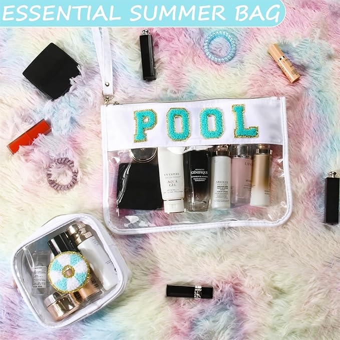 2 Pcs Pool Bag Cosmetic Makeup Bag with Chenille Letter Patch, Clear Pouch PVC Organizer Purse, Waterproof Travel Beach Bag, Portable Toiletry Storage Bag