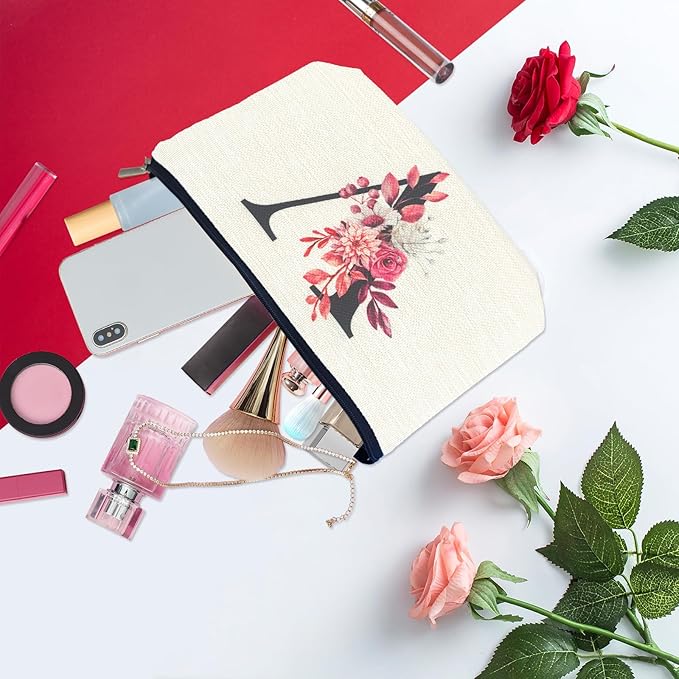 Initial A-Z Personalized Floral Makeup Bag, Monogrammed Birthday Gifts for Women Mom, Mothers Day Christmas Gift Ideas for Best Friend, Bride Bridesmaid, Her, Grandma, Small Travel Cosmetic Bag (V)