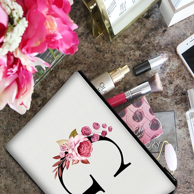 Vavabox A-Z Personalized Makeup Bag, Birthday Gifts for Women Mom, Gifts for Best Friend, Bride Bridesmaid Cosmetic bag (G, White)
