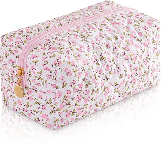 Makeup Bag Travel Toiletry Bag for Women, Small Cosmetic Bags Cute Quilted Cotton Makeup Pouch for Purse Emergency Bag for School Floral Pencil Case Accessory Bag, Pink