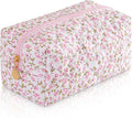 Makeup Bag Travel Toiletry Bag for Women, Small Cosmetic Bags Cute Quilted Cotton Makeup Pouch for Purse Emergency Bag for School Floral Pencil Case Accessory Bag, Pink
