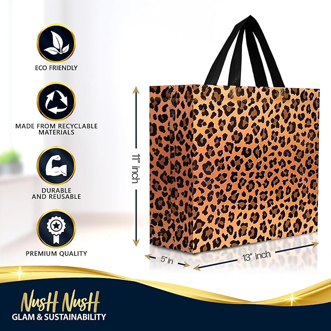 Nush Nush Large Brown Leopard Gift Bags – Set of 12 Reusable Cheetah Gift Bags With Handles - Large Goody Bag for Women, Jungle Safari Themed Party, Birthday Party Favors, Girl Parties - 11x5x13