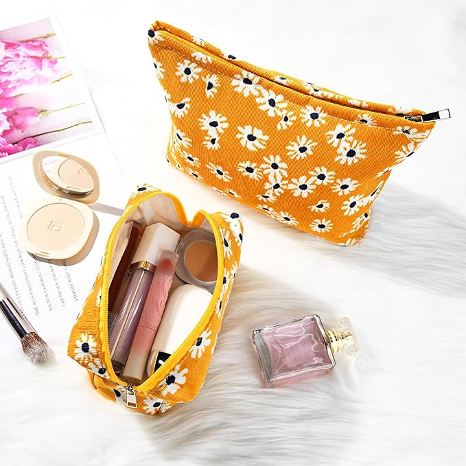SOIDRAM 2 Pieces Flower Makeup Bag Large Cosmetic Bag Capacity Canvas Mix Travel Toiletry Bag Organizer Cute Makeup Brushes Aesthetic Accessories Storage Bag for Women,Little Flower Mix Yellow