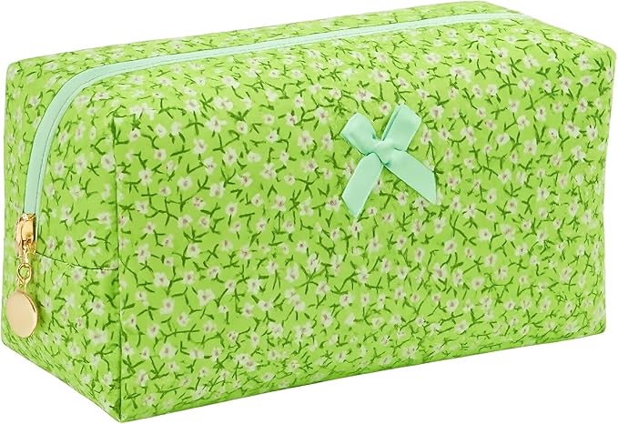 Floral Cotton Makeup Brush Cosmetic Bag for Women & Men, Travel Quilted Zipper Pouch, Large Capacity Flowers Toiletry Organizer, Kawaii Makeup Storage Case, Cosmetic Travel Cloth Bag-Green Floral