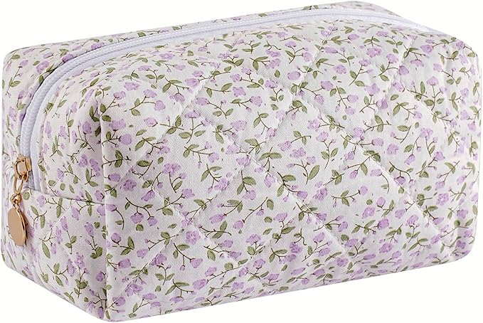 JOVAKIT Square Makeup Bag Cute Cosmetic Bag for Women, Floral Coquette Aesthetic Toiletry Bag, Zipper Make Up Pouch, Travel Make Up Organizer Bag (Purple Floral)