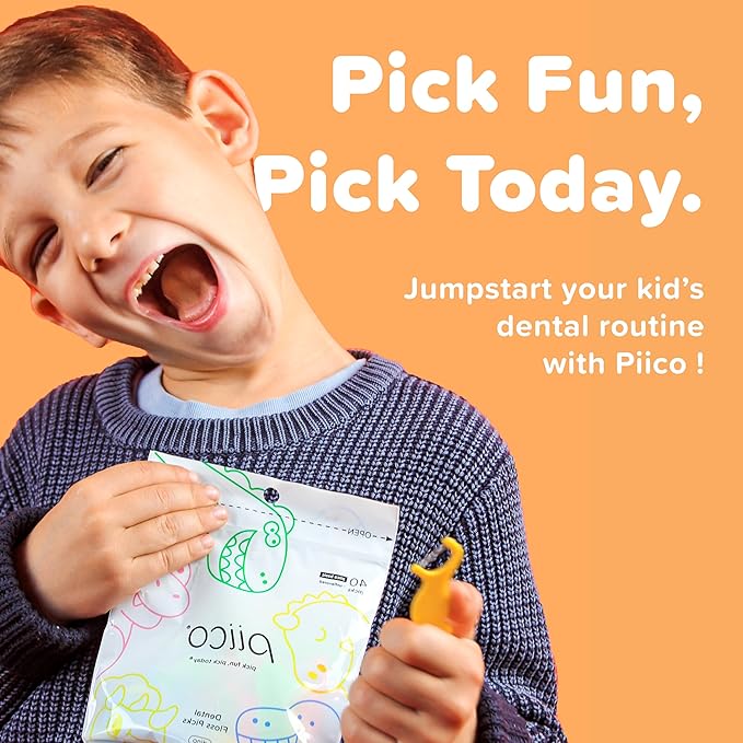 Piico Unflavored Kids Floss - No Fluoride Dual Line Dental Floss Picks - Fun Oral Care in Colorful Floss Sticks Design - Kids Flossers Prevent Tooth Decay & Gum Disease - 240 Count Dino & Travel Case