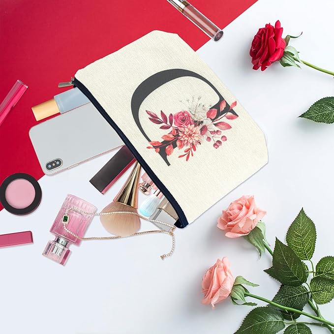 Initial A-Z Personalized Floral Makeup Bag, Monogrammed Birthday Gifts for Women Mom, Mothers Day Christmas Gift Ideas for Best Friend, Bride Bridesmaid, Her, Grandma, Small Travel Cosmetic Bag (D)