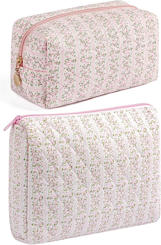Makeup Bag Travel Cosmetic Bag for Women Girls, Zipper Make Up Pouch, Floral Flowers Toiletry Organizer Makeup, Portable Storage Cosmetic Travel Cloth Bag (2 Pack (L+S)/Pink Floral)