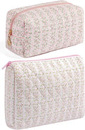 Makeup Bag Travel Cosmetic Bag for Women Girls, Zipper Make Up Pouch, Floral Flowers Toiletry Organizer Makeup, Portable Storage Cosmetic Travel Cloth Bag (2 Pack (L+S)/Pink Floral)