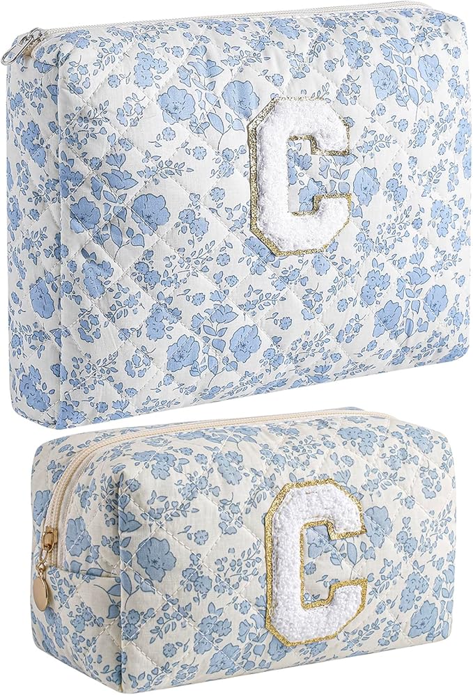 JOVAKIT Alphabet Makeup Bag Cosmetic Bag for Women, Christmas Gifts for Girls Age 6-18, Floral Flowers Coquette Travel Toiletry Zipper Make Up Pouch Organizer Trendy Stuff (2Pcs Blue Floral C)