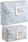 JOVAKIT Alphabet Makeup Bag Cosmetic Bag for Women, Christmas Gifts for Girls Age 6-18, Floral Flowers Coquette Travel Toiletry Zipper Make Up Pouch Organizer Trendy Stuff (2Pcs Blue Floral C)