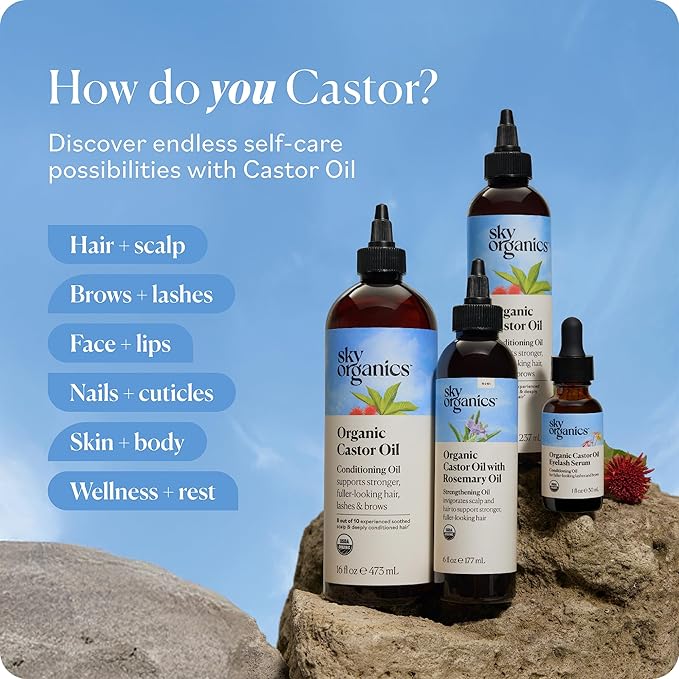 Sky Organics Castor Oil - USDA Certified Organic Hair Oil for Hair Growth, Skin, Face, Eyelashes - Cold Pressed & Hexane Free - Pure Organic Castor Oil Pack Wrap - Carrier & Hair Treatment Oil -16oz
