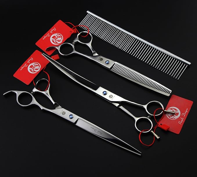 Purple Dragon 8 inch 3 in 1 Professional Pet Grooming Thinning Scissors - Upward Curved Shears and Dog Hair Cutting Scissor - Perfect for Pet Groomer or Family DIY Use (Silver)
