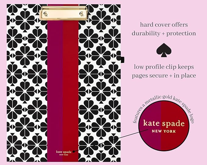 Kate Spade New York A4 Clipboard Folio with Low Profile Clip, Professional Padfolio Includes Lined Notepad, Pen Loop, and Pocket, Black Spade Flower