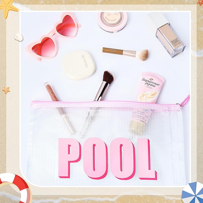 SOIDRAM 2PCS POOL Makeup Bag Clear Zippered POOL Bag Cosmetic Pouch Waterproof Travel Toiletry Organizer for Women Varsity Letter Patch Beach Pool Essentials
