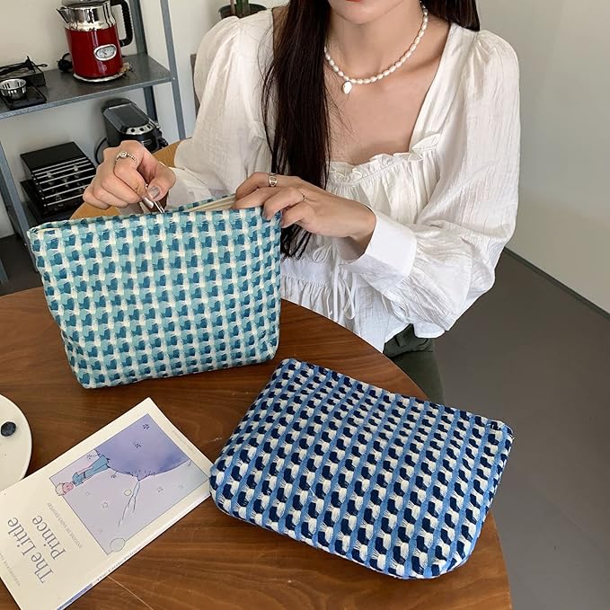 Makeup Bags for Purse Zipper Cosmetic Pouch Large Travel Canvas Make Up Organizer Tool Pouch for Women and Girls,Grid Green