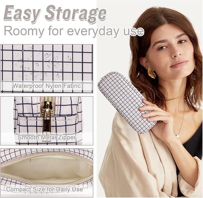 Nylon Slim Makeup Bag, Cute Makeup Brush Bag Checkered Makeup Bag Preppy Cosmetic Zipper Pouch for Purse, Travel Toiletry Bag Coin Pouch Make Up Organizer for Women Men Girls
