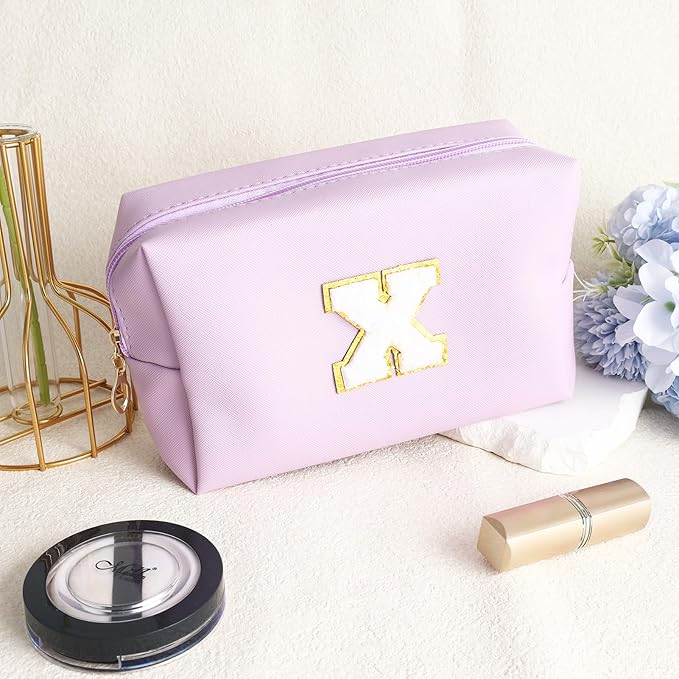 Gifts for Girls Initial Makeup Bag Personalized Cosmetic Bag with Zipper Cute Travel Toiletry Bag Waterproof PU Preppy Makeup Pouch Birthday Gift for Teen Girls Women(Purple X)