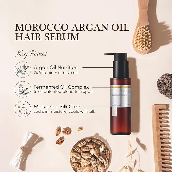Argan Oil Hair Serum - Hydrates, Repairs Dry, Frizzy, Damaged Hair, Repairs Frayed Ends, Smooths & Strengthens, Suitable for All Hair Types, 3.38 Fl Oz