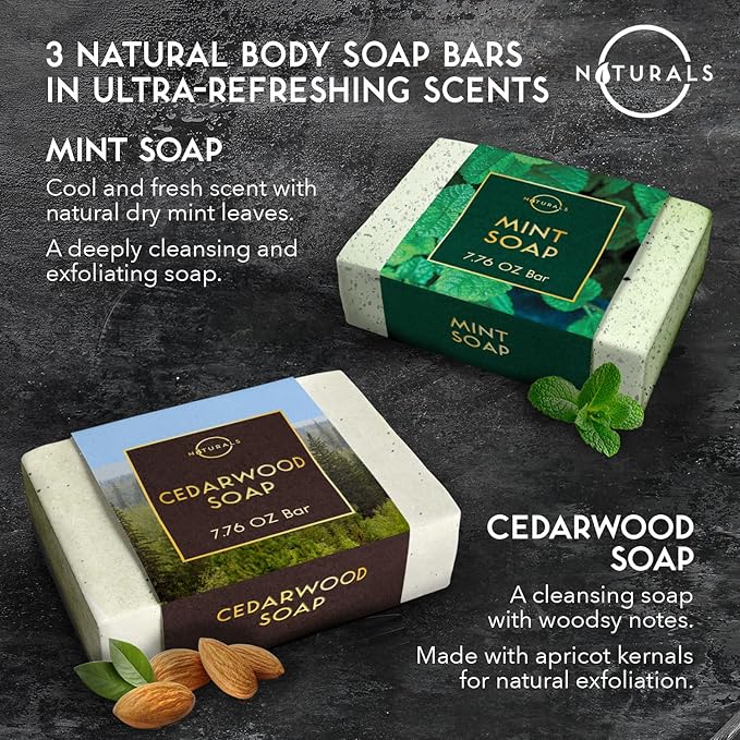 O Naturals Bar Soap for Men - 3-Pcs Mens Soap Bar - Natural Soap - Mens Soap - Body Men Soap Bars - Natural Soap for Men - Organic Men's Soap Bars - Exfoliating Bar Soap - African Black,Cedarwood,Mint