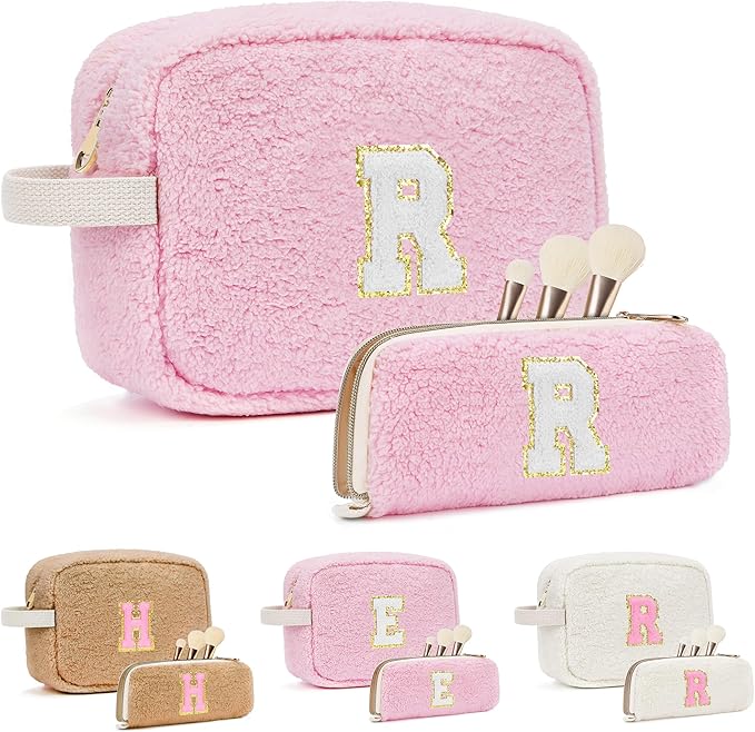 2PCS Makeup Bag with Initials, Christmas Day Gifts for Teen Girls Trendy Stuff, Personalized Cosmetic Travel Bag Pouch for Granddaughter, Cute Plush Make up Bags for Birthday - Pink R