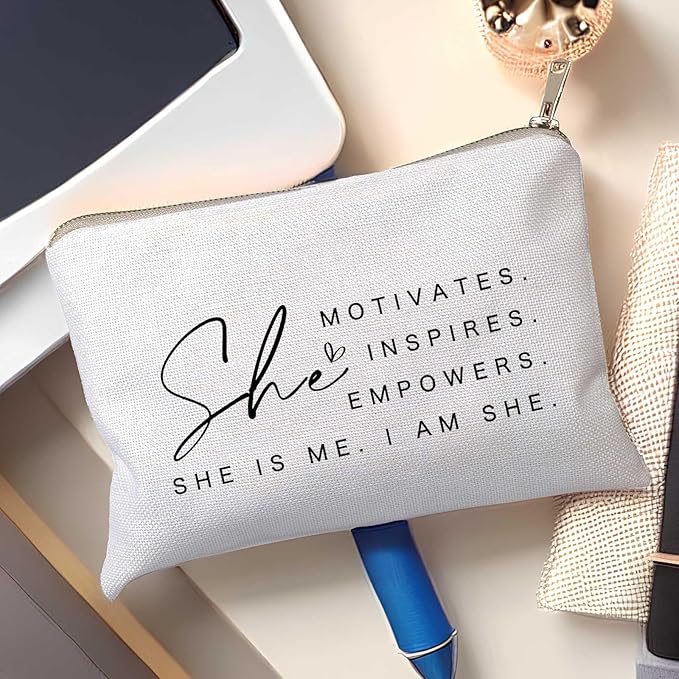 She Motivates Inspires Empowers Makeup Bag She is Me Entrepreneurship Gift Women's Motivational Cosmetic Bags Powerful and Inspirational Travel Bag Gift for Her