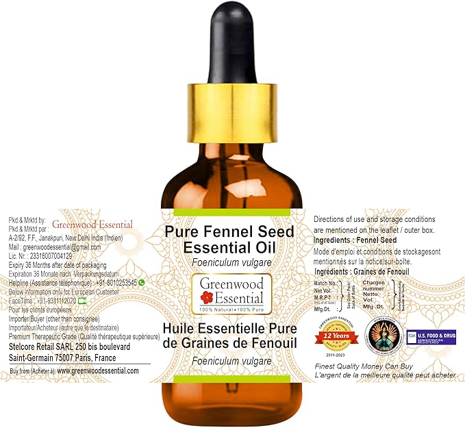 Greenwood Essential Pure Fennel Seed Essential Oil (Foeniculum vulgare) with Glass Dropper Steam Distilled 50ml (1.69 oz)