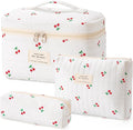 HBselect Quilted Makeup Bag, 3PCS Cotton Large Travel Makeup Bag, Cute Floral Coquette Make up Bag Cosmetic Bag Toiletry Bag for Women Girls