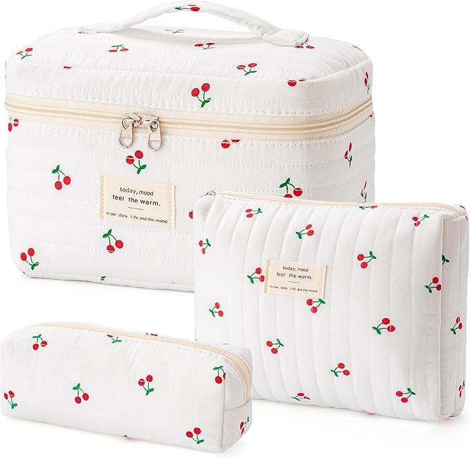 HBselect Quilted Makeup Bag, 3PCS Cotton Large Travel Makeup Bag, Cute Floral Coquette Make up Bag Cosmetic Bag Toiletry Bag for Women Girls